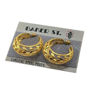 Vintage Baker St. Gold Tone Leaf Hoop Earrings Surgical Steel Posts Pierced